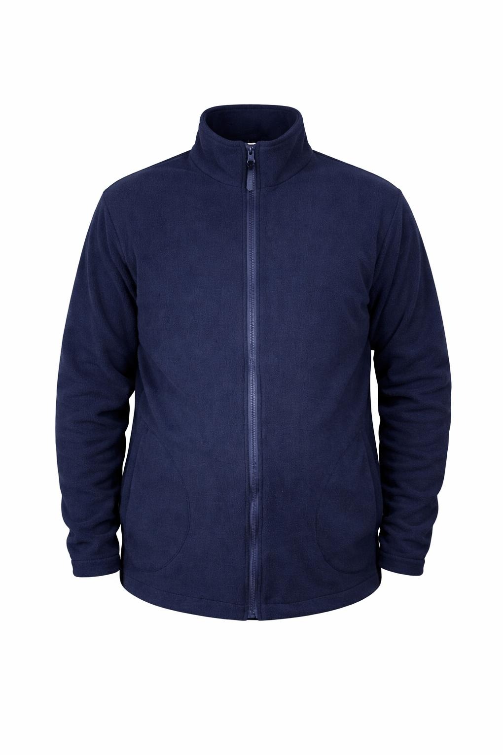 Granatowa bluza polarowa z zamkiem błyskawicznym i kieszeniami, na białym tle. Widok z przodu, prezentacja produktu odzieżowego.