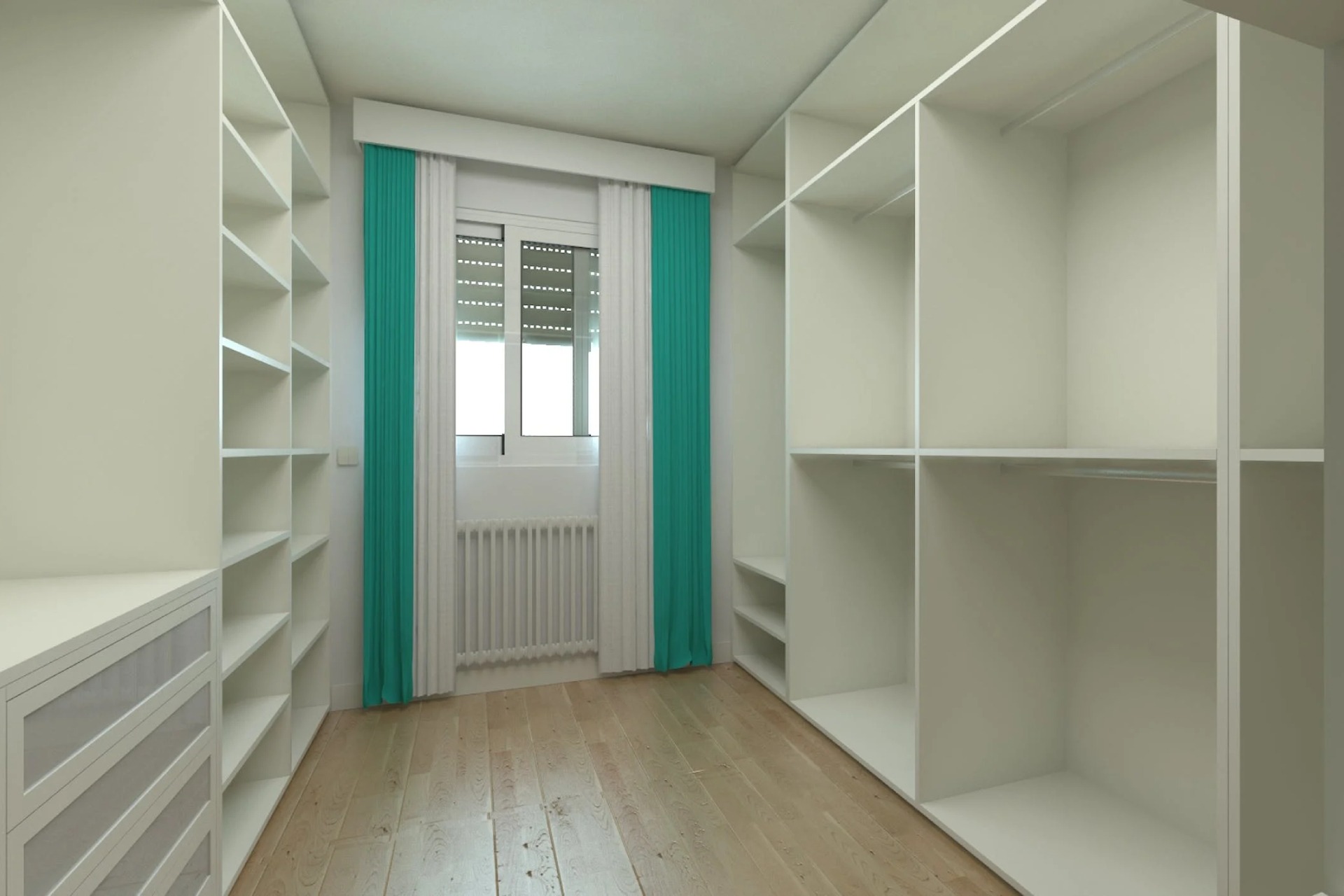 Wnętrze garderoby z białymi, pustymi półkami, drewnianą podłogą i oknem z roletami oraz turkusowymi zasłonami.