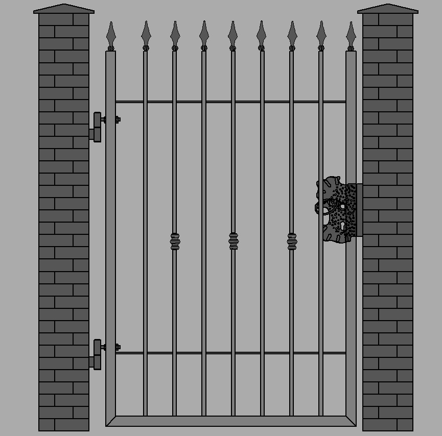 Wizualizacja metalowej bramy z pionowymi prętami zakończonymi grotami, osadzonej między murowanymi słupkami z cegły, z widocznym zamkiem po prawej stronie.