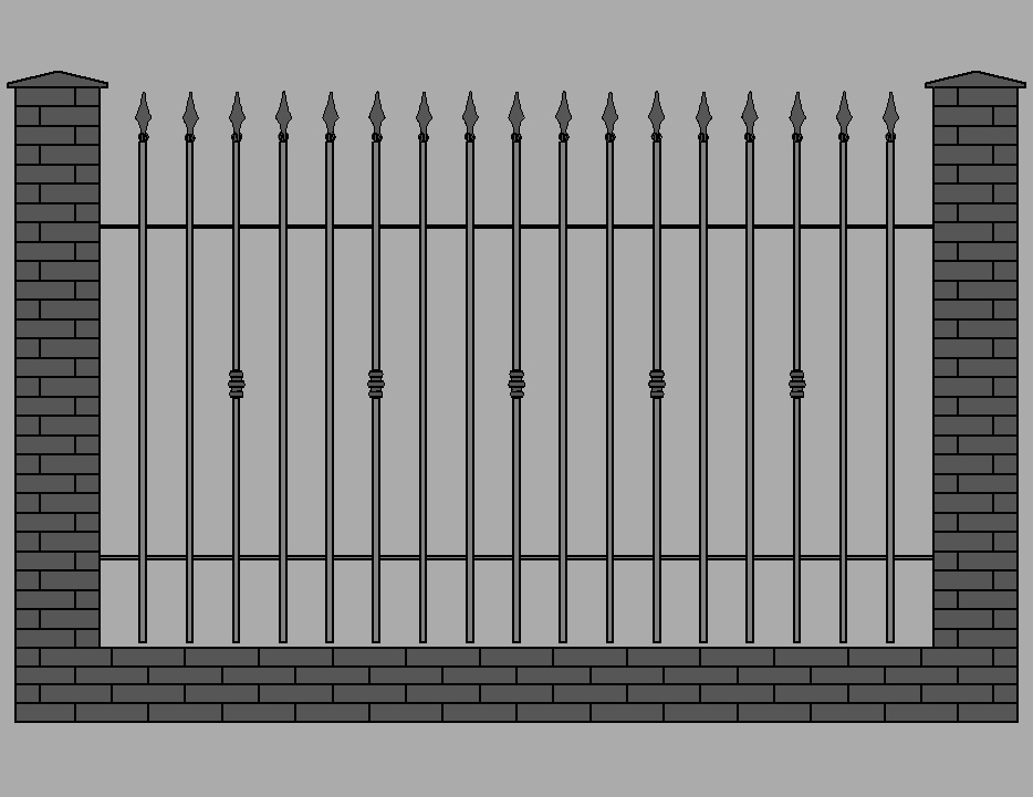 Wizualizacja przęsła ogrodzeniowego z metalowymi sztachetami zakończonymi grotami, osadzonego między dwoma słupkami z cegły.