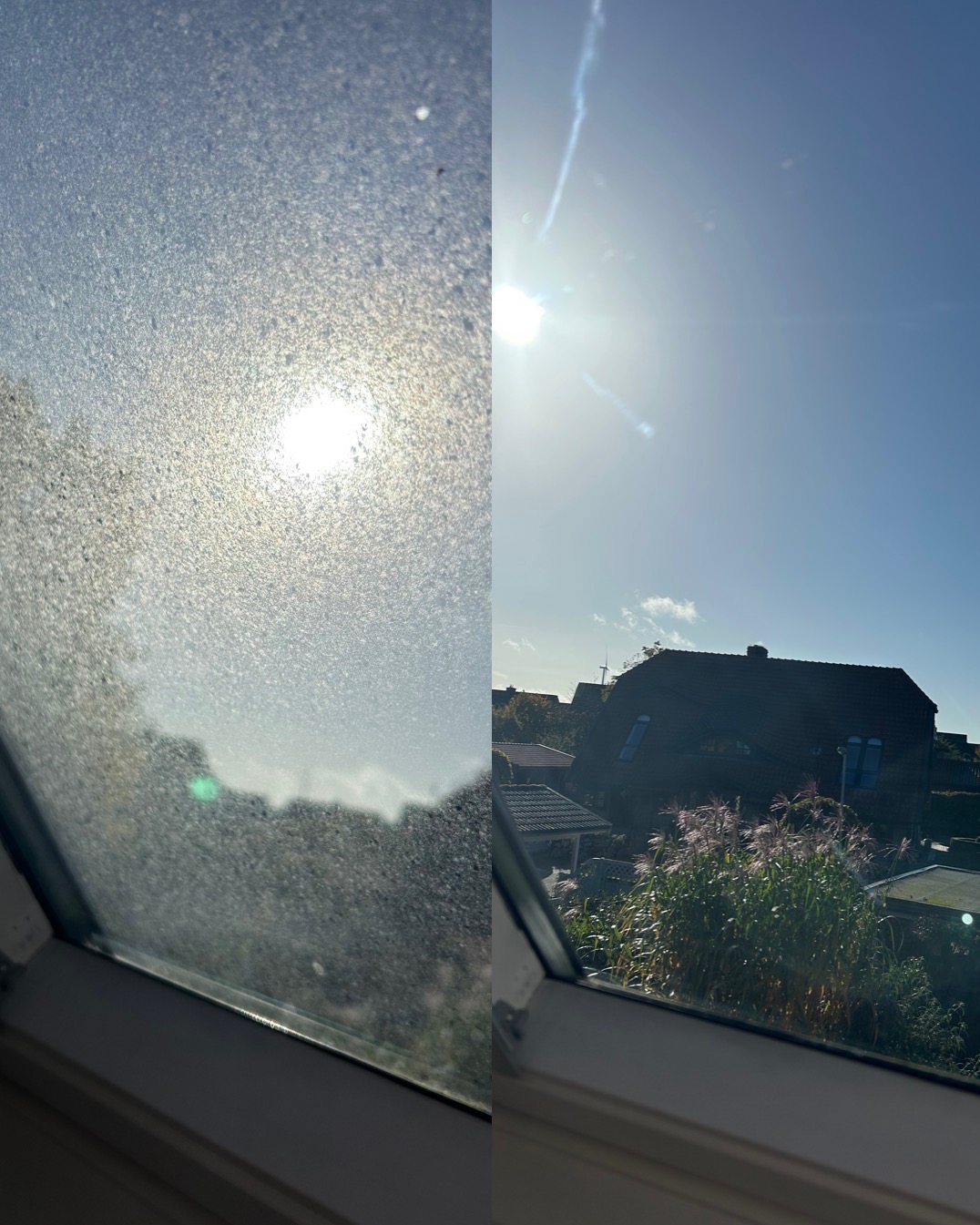 Okno dachowe: po lewej brudne, po prawej umyte, widok na dom i roślinność w słoneczny dzień.