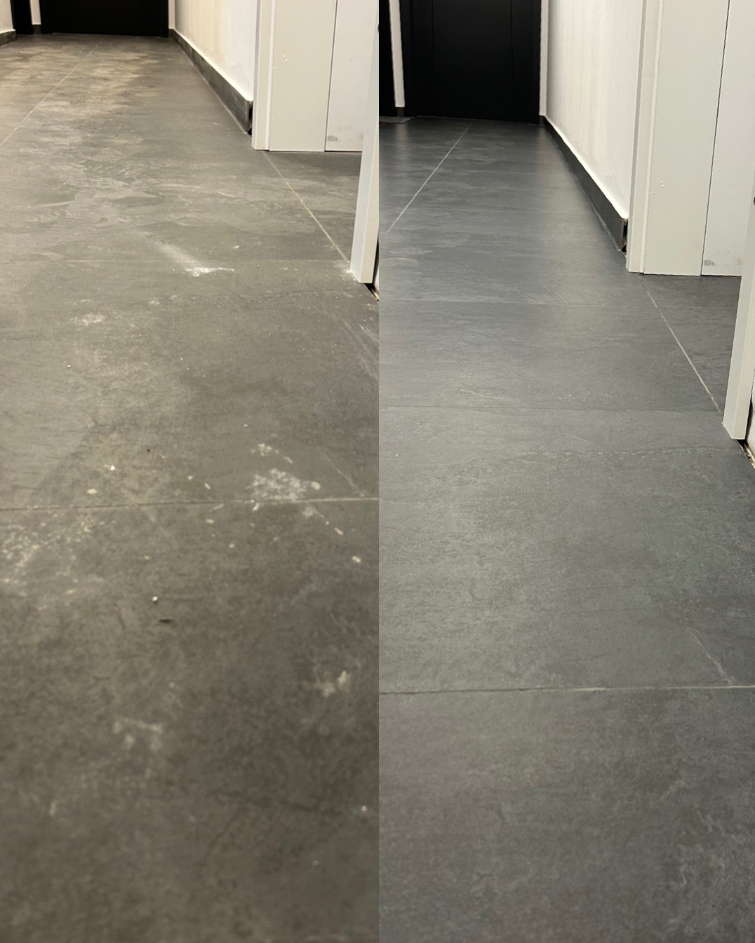 Porównanie stanu podłogi z szarych płytek przed i po czyszczeniu, widoczne zabrudzenia i plamy po lewej stronie oraz czysta powierzchnia po prawej, perspektywa korytarza z białymi ścianami...