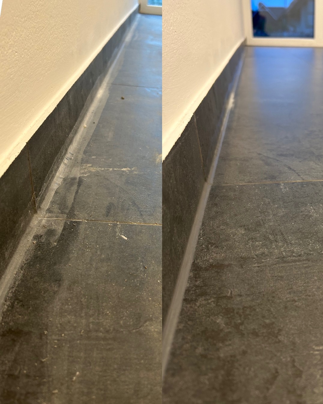 Porównanie stanu podłogi z ciemnych płytek przed i po czyszczeniu, widoczne różnice w czystości fug i powierzchni płytek przy ścianie.