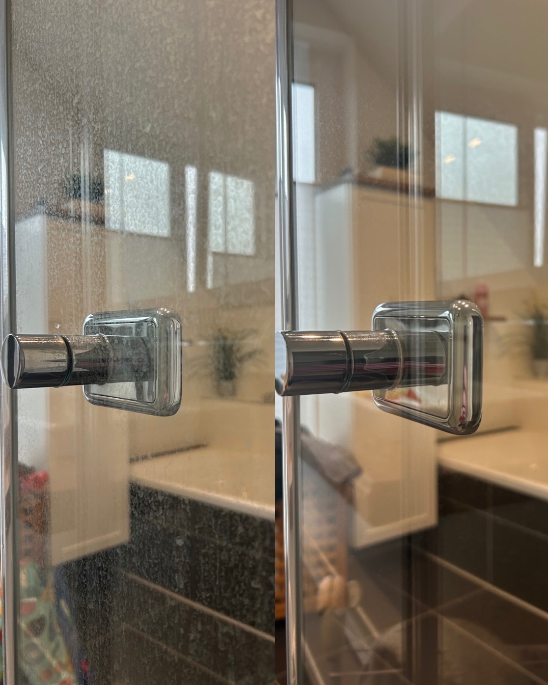 Porównanie: kabina prysznicowa przed i po czyszczeniu, widoczne zacieki i osad na szkle po lewej stronie, idealnie czysta powierzchnia po prawej, chromowany uchwyt w obu ujęciach.