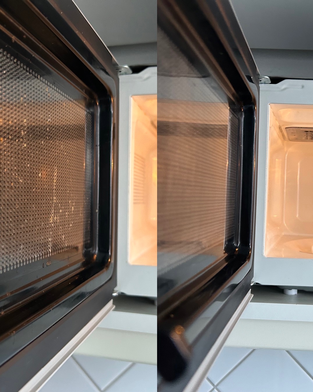 Wnętrze mikrofalówki przed i po czyszczeniu, widoczne różnice w zabrudzeniach i czystości siatki ochronnej oraz ścianek wewnętrznych.
