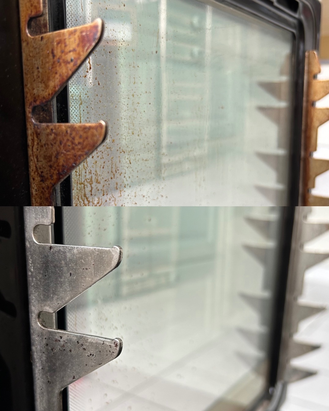 Porównanie: Drzwiczki piekarnika przed i po czyszczeniu, widoczne uporczywe zabrudzenia tłuszczem i resztkami jedzenia usunięte z powierzchni szyby i metalowych elementów.