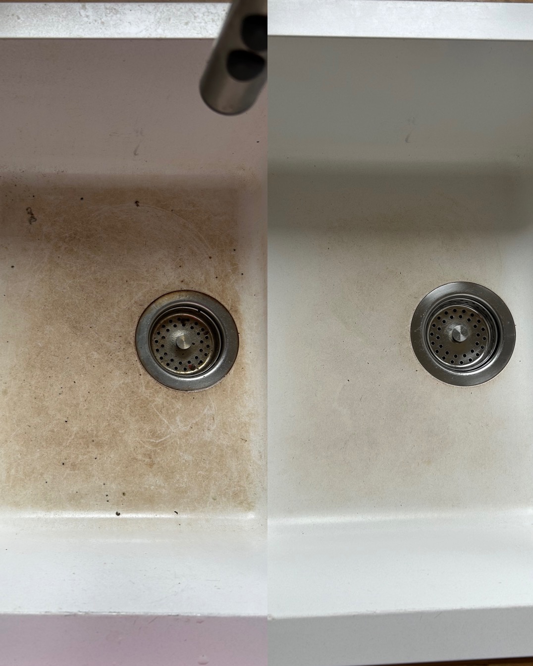 Porównanie: Zlewozmywak ceramiczny przed i po czyszczeniu, widoczne osady i przebarwienia usunięte, odpływ ze stali nierdzewnej.