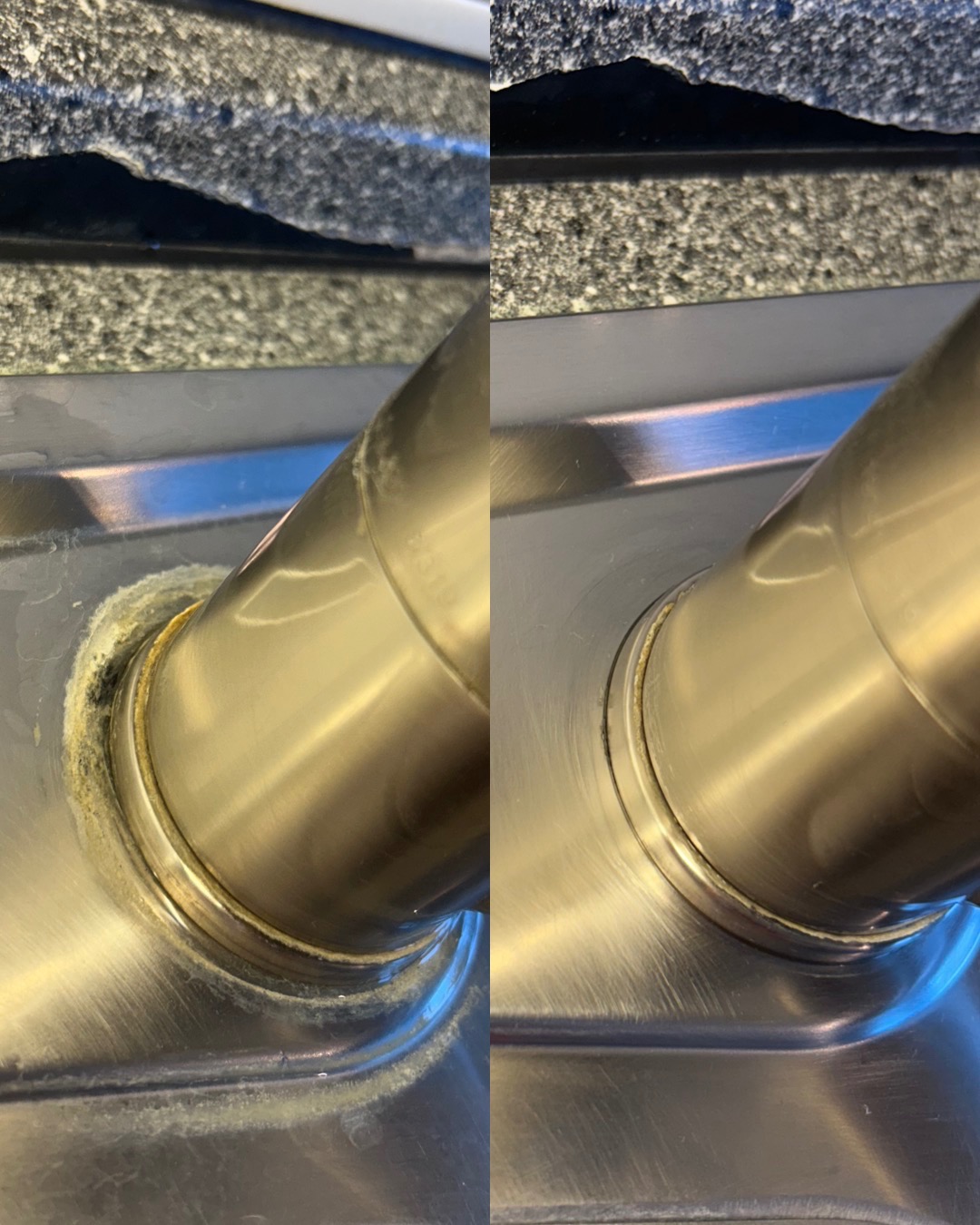 Porównanie: Zlew ze stali nierdzewnej z brudnym syfonem (po lewej) i ten sam zlew z czystym syfonem (po prawej), widoczne ślady po usuniętych zabrudzeniach.