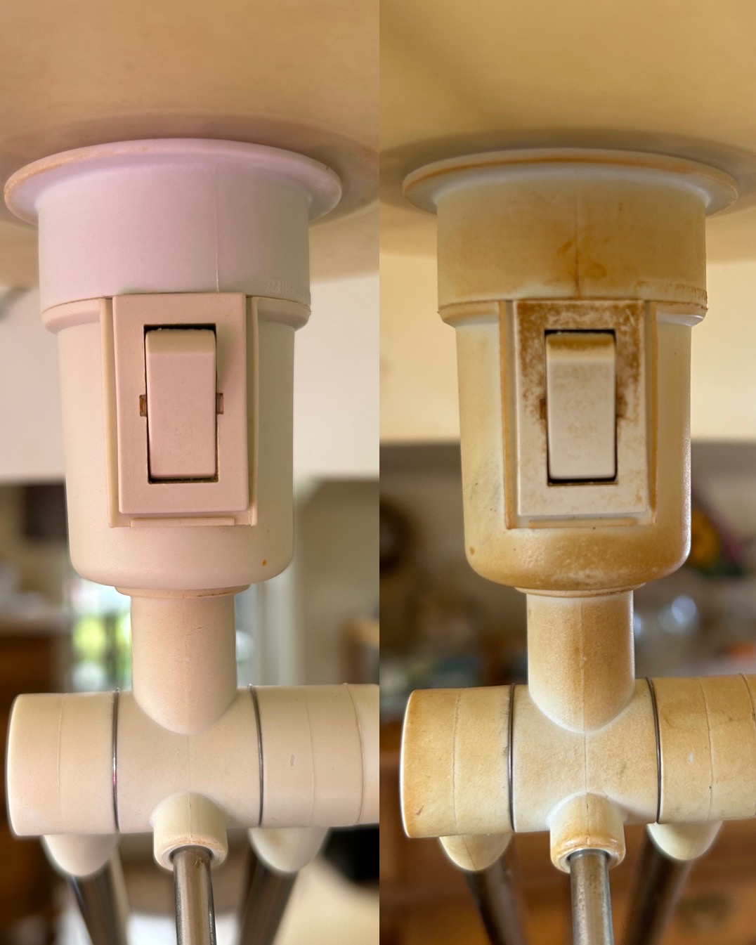 Porównanie: Lampa sufitowa przed i po czyszczeniu, widoczne różnice w kolorze i stopniu zabrudzenia na elementach plastikowych i metalowych.