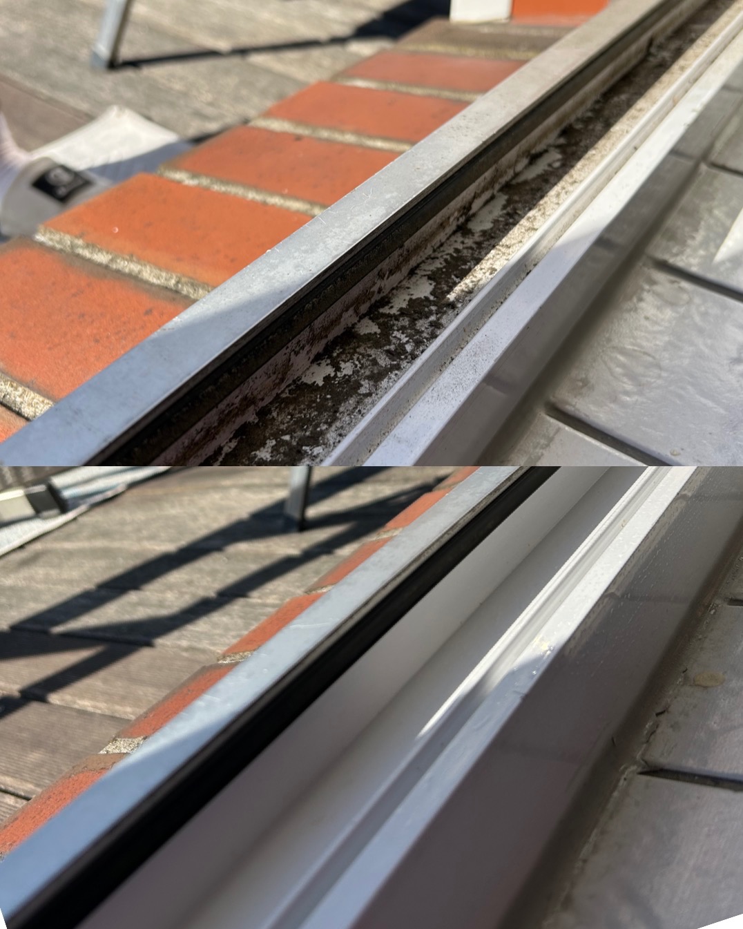 Porównanie: Górna część ramy okiennej przed czyszczeniem, z widocznym brudem i osadami; dolna część ramy okiennej po czyszczeniu, czysta i lśniąca.