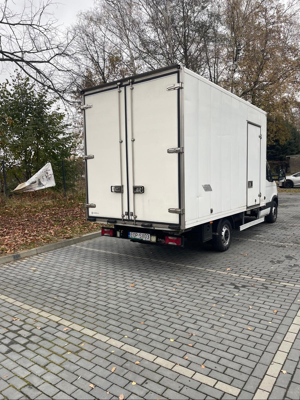 Biały samochód dostawczy z zamkniętymi tylnymi drzwiami, zaparkowany na parkingu z kostki brukowej, widok z tyłu, jesienne liście na ziemi.