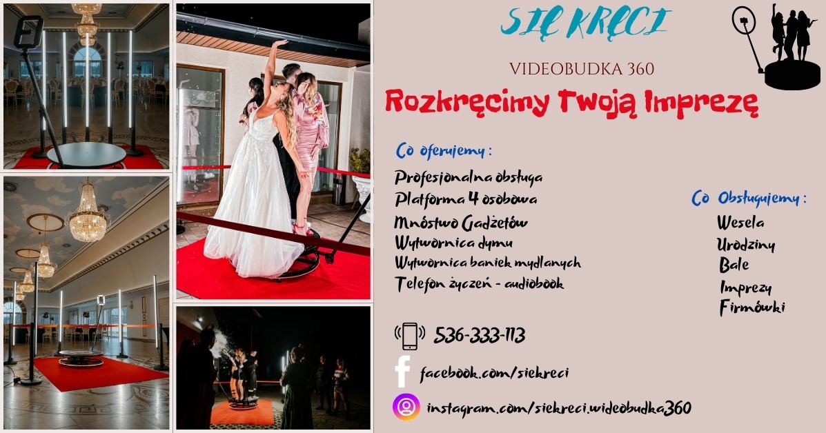 Grupa osób, w tym panna młoda w białej sukni, pozuje na obrotowej platformie z czerwonym dywanem, otoczonej przez pionowe lampy LED, podczas imprezy z wytwornicą baniek mydlanych.