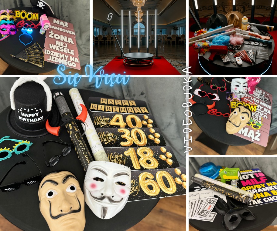 Zestaw rekwizytów imprezowych na czarnym stoliku: maski, okulary, kapelusz urodzinowy, konfetti, tabliczki z napisami 'Mąż', 'Żona', 'Happy Birthday' i imitacje banknotów.