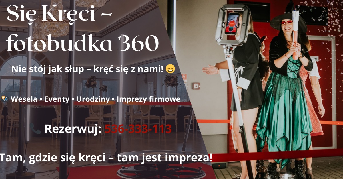 Uczestniczki imprezy w przebraniach korzystają z fotobudki 360, z której wylatują bańki mydlane. W tle eleganckie wnętrze sali balowej.