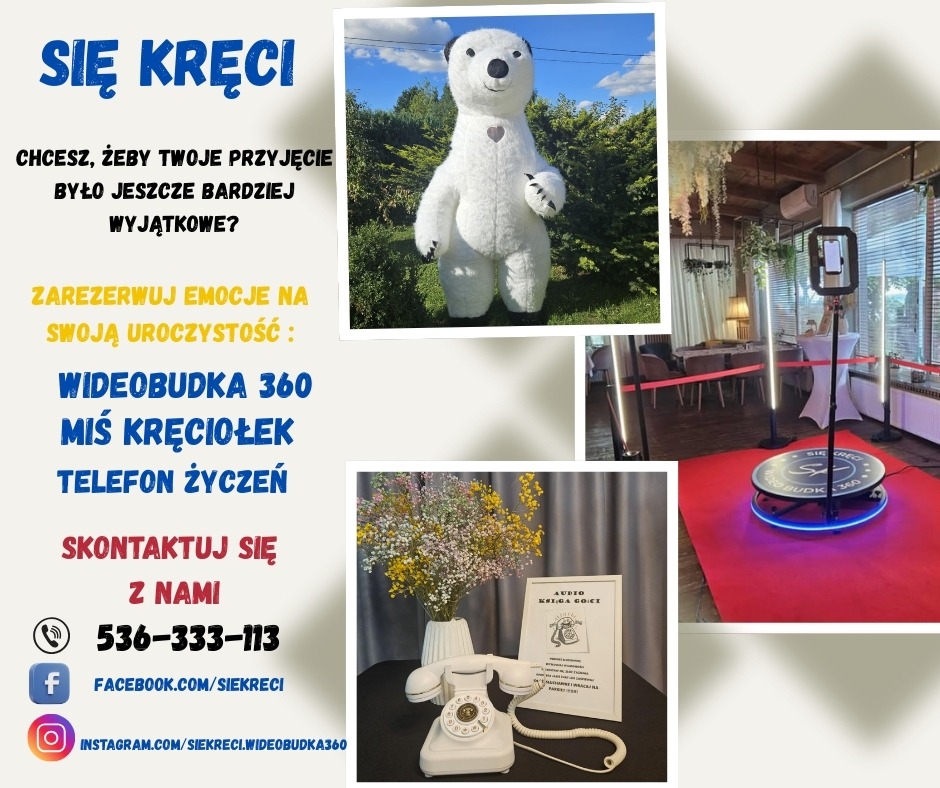 Kompozycja z pluszowym misiem, wideobudką 360, kwiatami, telefonem życzeń i informacją o rezerwacji na uroczystość. Elementy dekoracyjne i promocyjne.