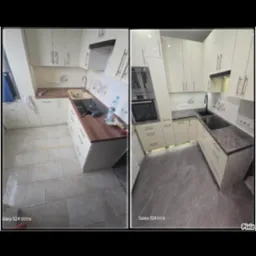 Dwa ujęcia tej samej kuchni po remoncie: po lewej beżowe płytki podłogowe i drewniany blat, po prawej szare płytki podłogowe imitujące marmur i blat z szarego marmuru.