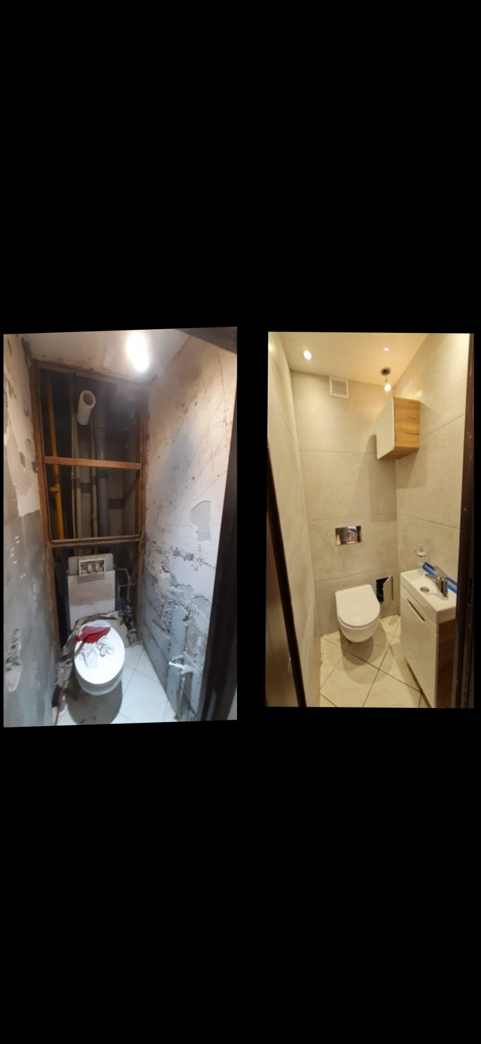 Porównanie: Stan surowy łazienki z widocznymi instalacjami versus wykończona, jasna łazienka z beżowymi płytkami, podwieszaną szafką i umywalką.