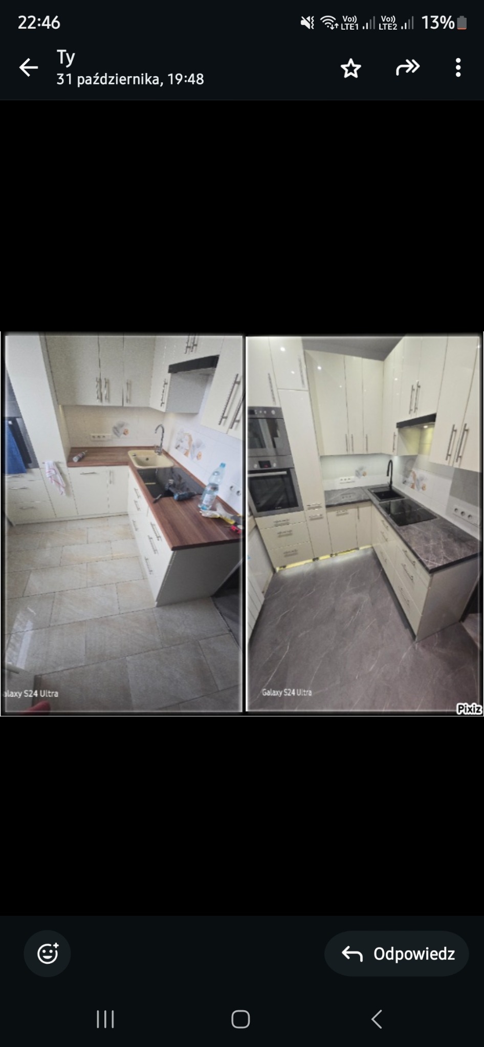 Dwa ujęcia tej samej kuchni po remoncie: po lewej beżowe płytki podłogowe i drewniany blat, po prawej szare płytki podłogowe imitujące marmur i blat z szarego marmuru.