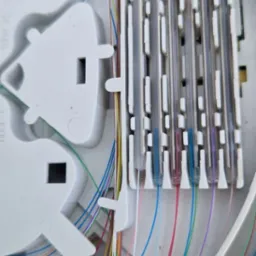 Rozdzielnica światłowodowa z widocznymi kolorowymi włóknami i złączami w osłonach.