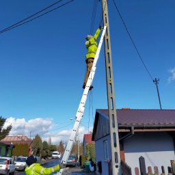 Braingeneration - Dwóch pracowników w odblaskowych kurtkach pracuje przy słupie energetycznym na drabinie w słoneczny dzień, jeden asekuruje drabinę z dołu, drugi wykonuje prace na wysokości.