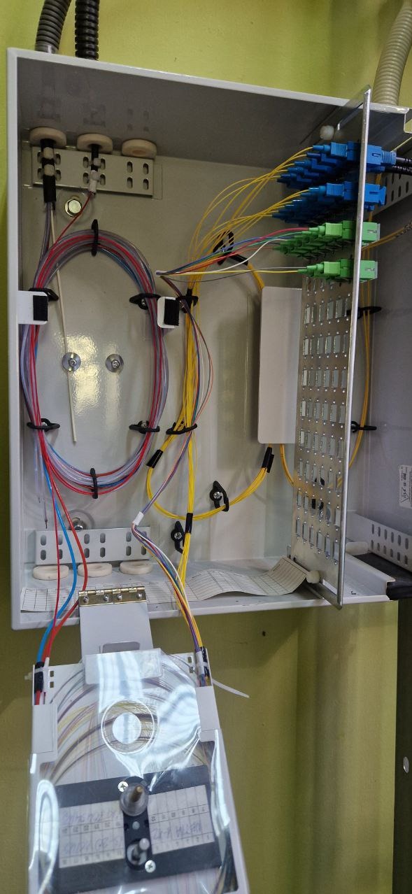 Otwarta skrzynka telekomunikacyjna z widocznymi kablami światłowodowymi, złączami w kolorach niebieskim i zielonym, oraz elementami mocującymi kable wewnątrz obudowy.