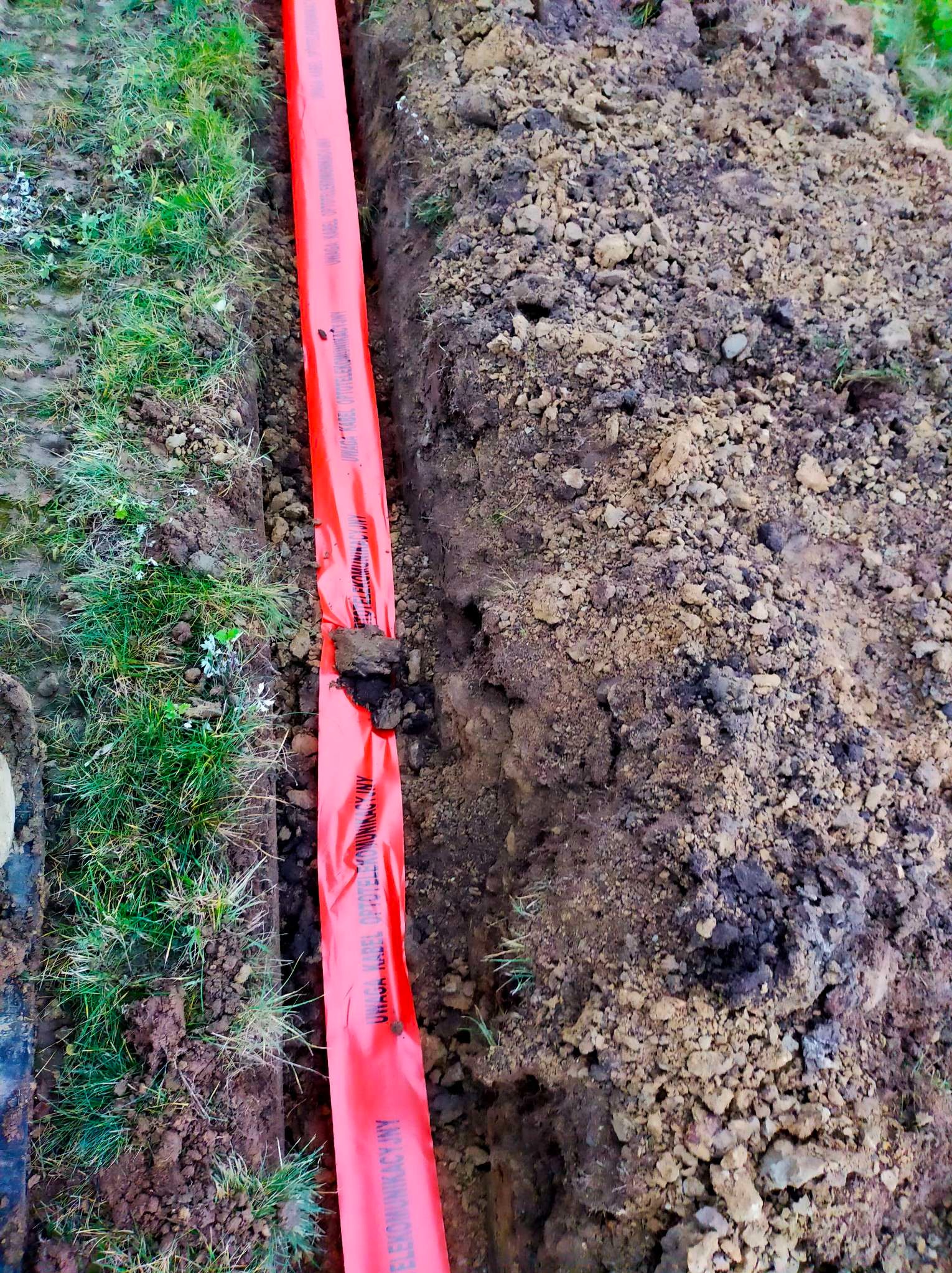 Wykop z ułożonym czerwonym kablem telekomunikacyjnym, widoczna ziemia i trawa. Kabel częściowo przysypany ziemią.