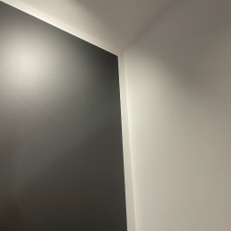 RJ Build - Ściana pomalowana na dwa kolory: ciemny szary i biały, oświetlona reflektorem sufitowym.