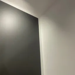 Ściana pomalowana na dwa kolory: ciemny szary i biały, oświetlona reflektorem sufitowym.