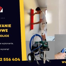 RJ Build - Aplikacja gładzi natryskowej na ścianę w trakcie remontu, widoczny pracownik z szpachlą i agregat natryskowy Grone, oraz osoba w kombinezonie ochronnym podczas natrysku.