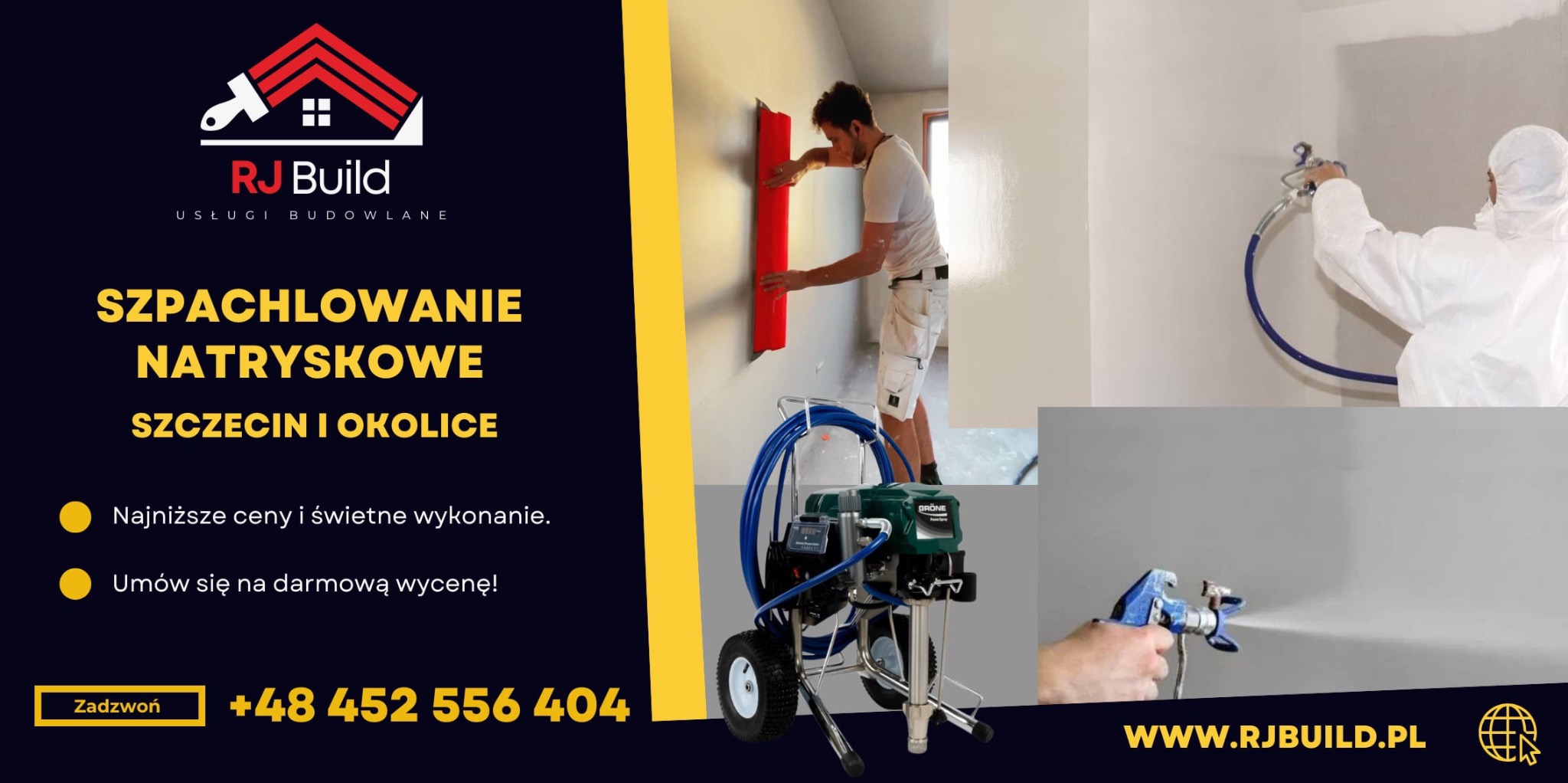 Aplikacja gładzi natryskowej na ścianę w trakcie remontu, widoczny pracownik z szpachlą i agregat natryskowy Grone, oraz osoba w kombinezonie ochronnym podczas natrysku.