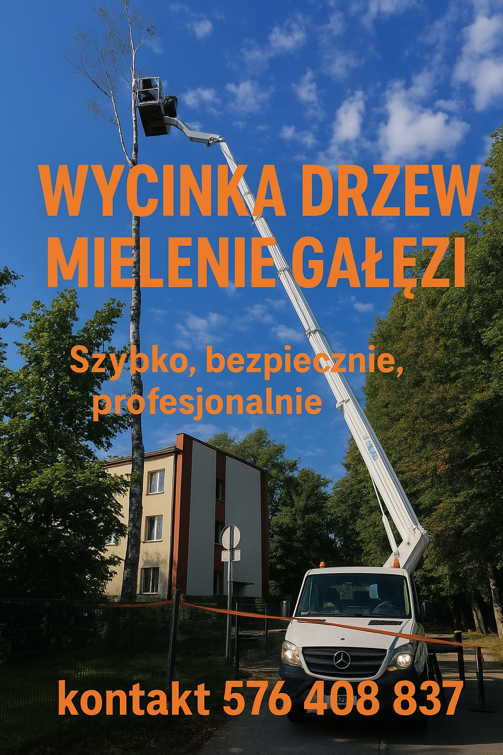 Wycinka wysokiego drzewa z podnośnika koszowego na tle błękitnego nieba. Na pierwszym planie biały bus firmy. Pomarańczowy napis z ofertą i numerem telefonu.