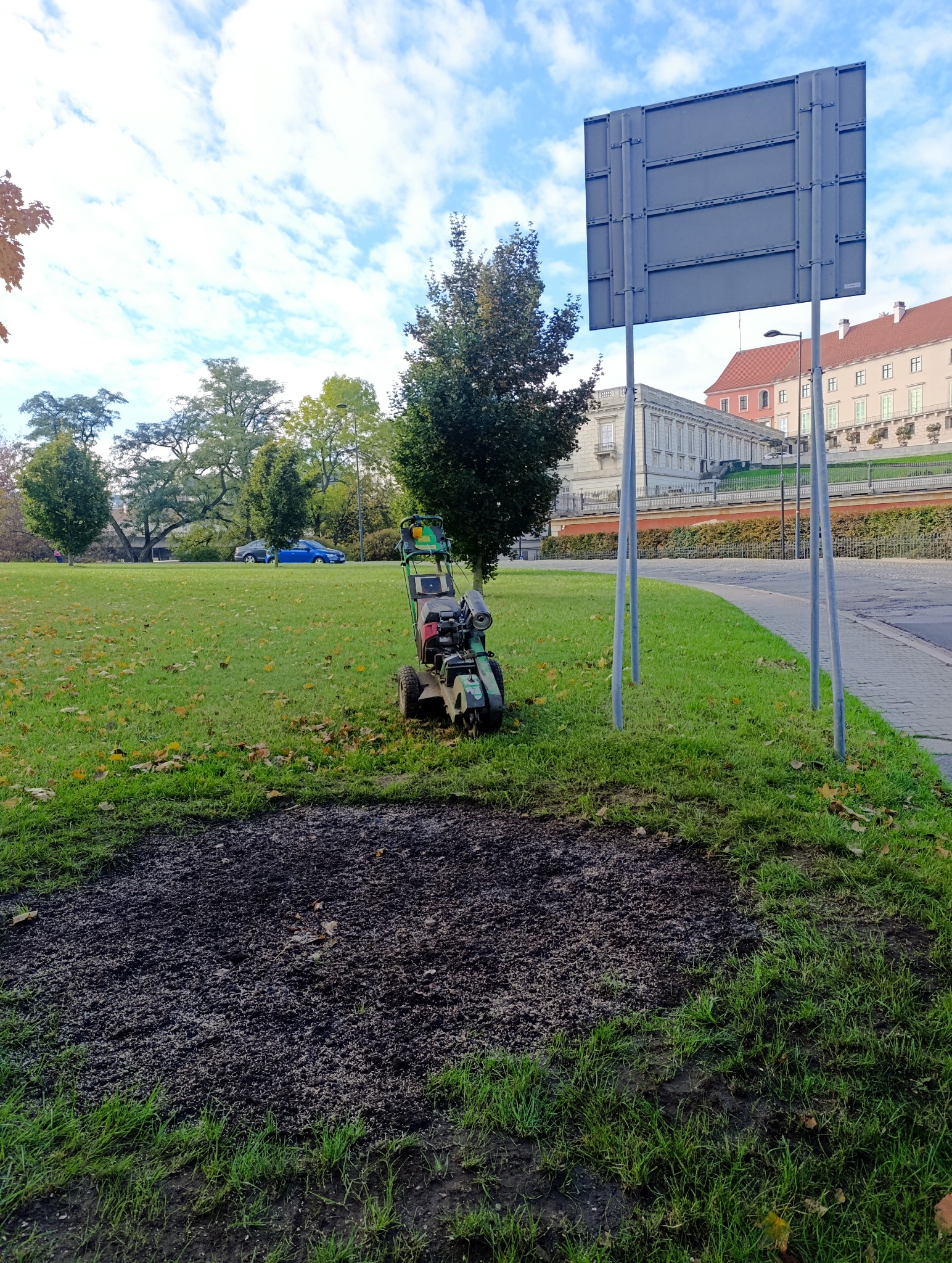 Aerator do trawy na trawniku miejskim po zabiegu. Widoczne nasiona trawy i nakłucia w darni. W tle drzewa, budynek i błękitne auto.