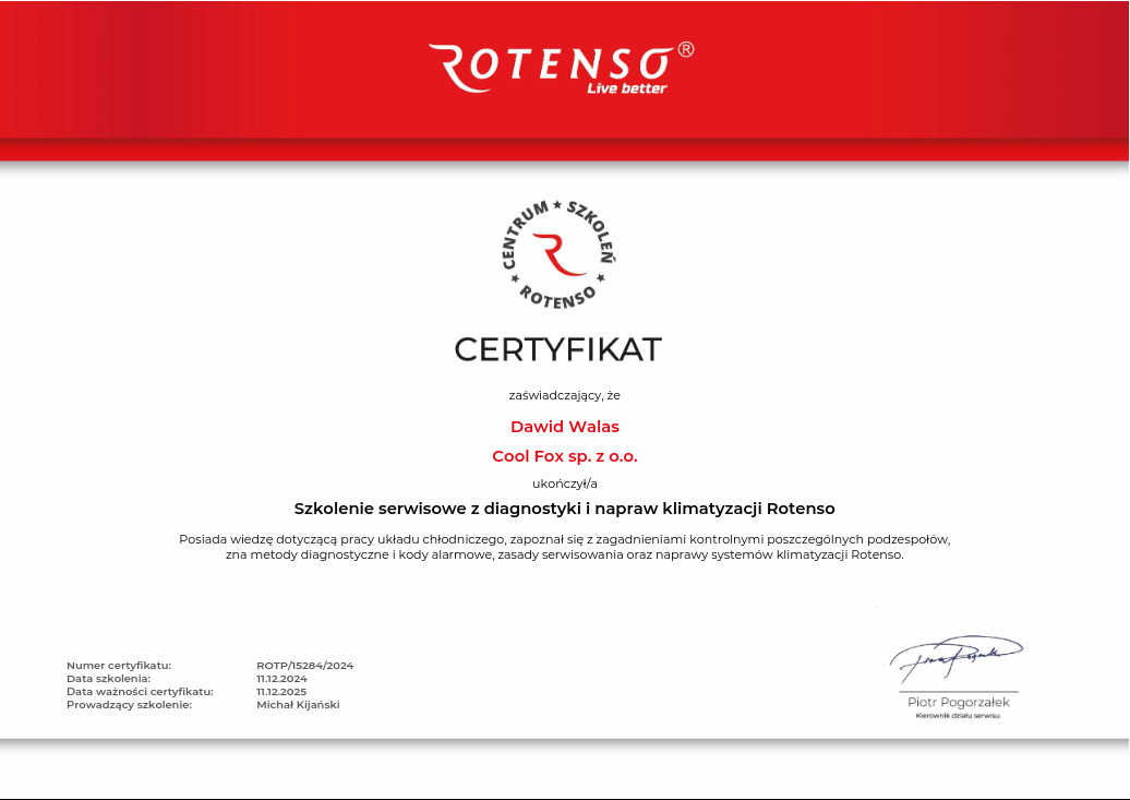 Skan certyfikatu ukończenia szkolenia serwisowego z diagnostyki i napraw klimatyzacji Rotenso, wystawionego dla Dawida Walasa z firmy Cool Fox sp. z o.o., z datami ważności i podpisem Kierownika...