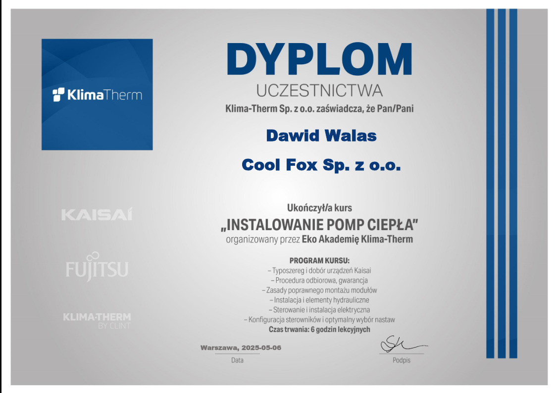 Dyplom uczestnictwa w kursie 'Instalowanie pomp ciepła', organizowanym przez Eko Akademię Klima-Therm, dla Dawida Walasa z Cool Fox Sp. z o.o.