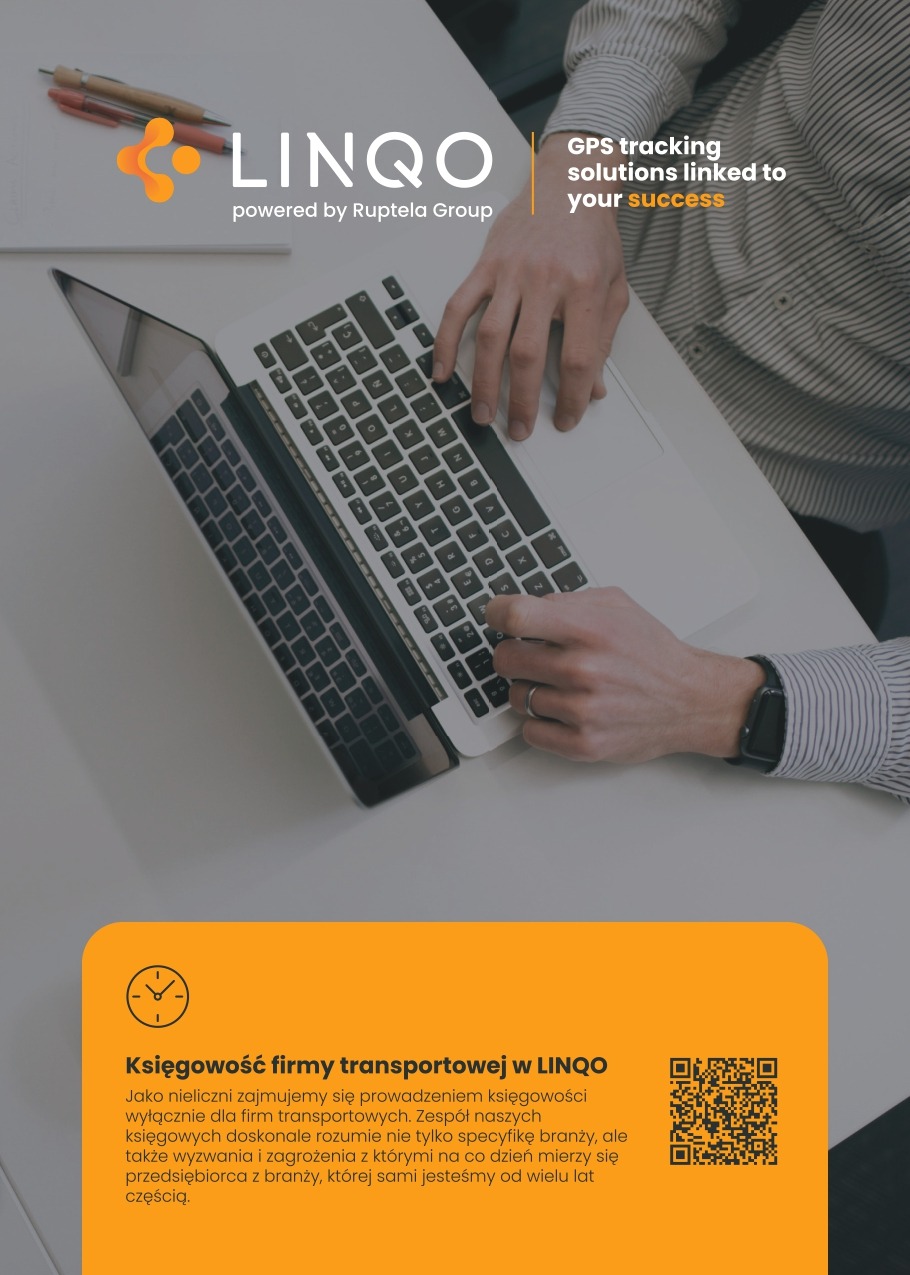Osoba pisze na laptopie marki LINQO, oferującej rozwiązania GPS dla firm transportowych. Widoczny fragment tekstu o księgowości dla firm transportowych.