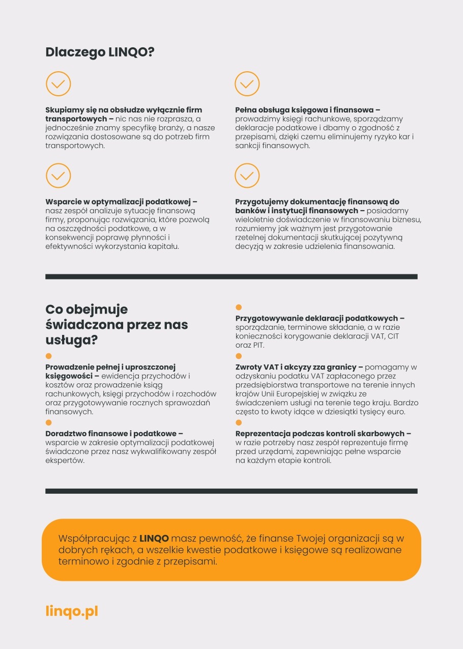 Grafika z ofertą usług biura rachunkowego: pełna księgowość, optymalizacja podatkowa, deklaracje VAT i CIT, zwroty VAT z zagranicy, reprezentacja przed urzędami.