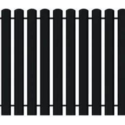 Fragment czarnego ogrodzenia panelowego z zaokrąglonymi górnymi krawędziami sztachet, widok z przodu na białym tle.