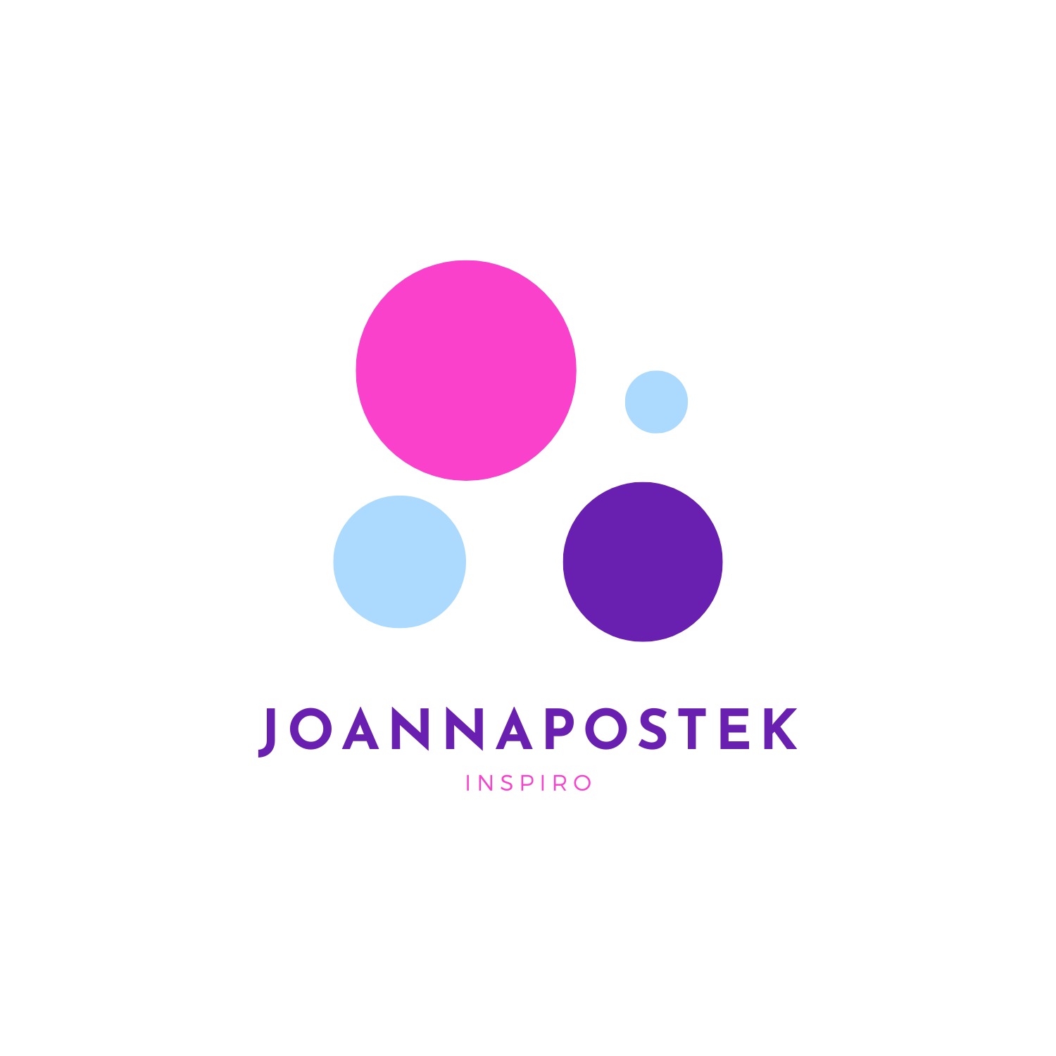 Logo firmy Joanna Postek Inspiro z czterema okręgami w kolorach różowym, fioletowym i jasnoniebieskim, umieszczone nad nazwą firmy.