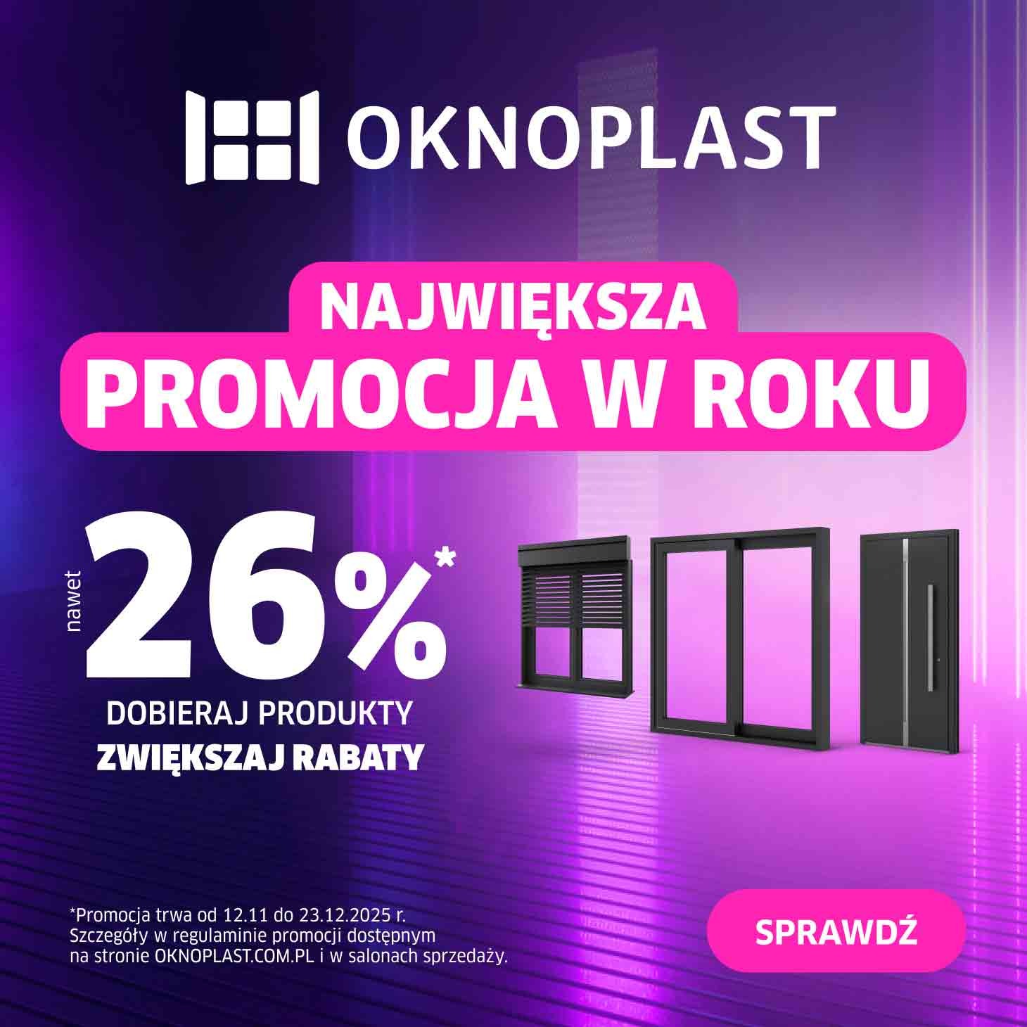 Promocja OknoPlast: rolety, okna przesuwne i drzwi zewnętrzne w czarnych ramach. Fioletowe tło z napisem 'Największa promocja w roku -26%'.