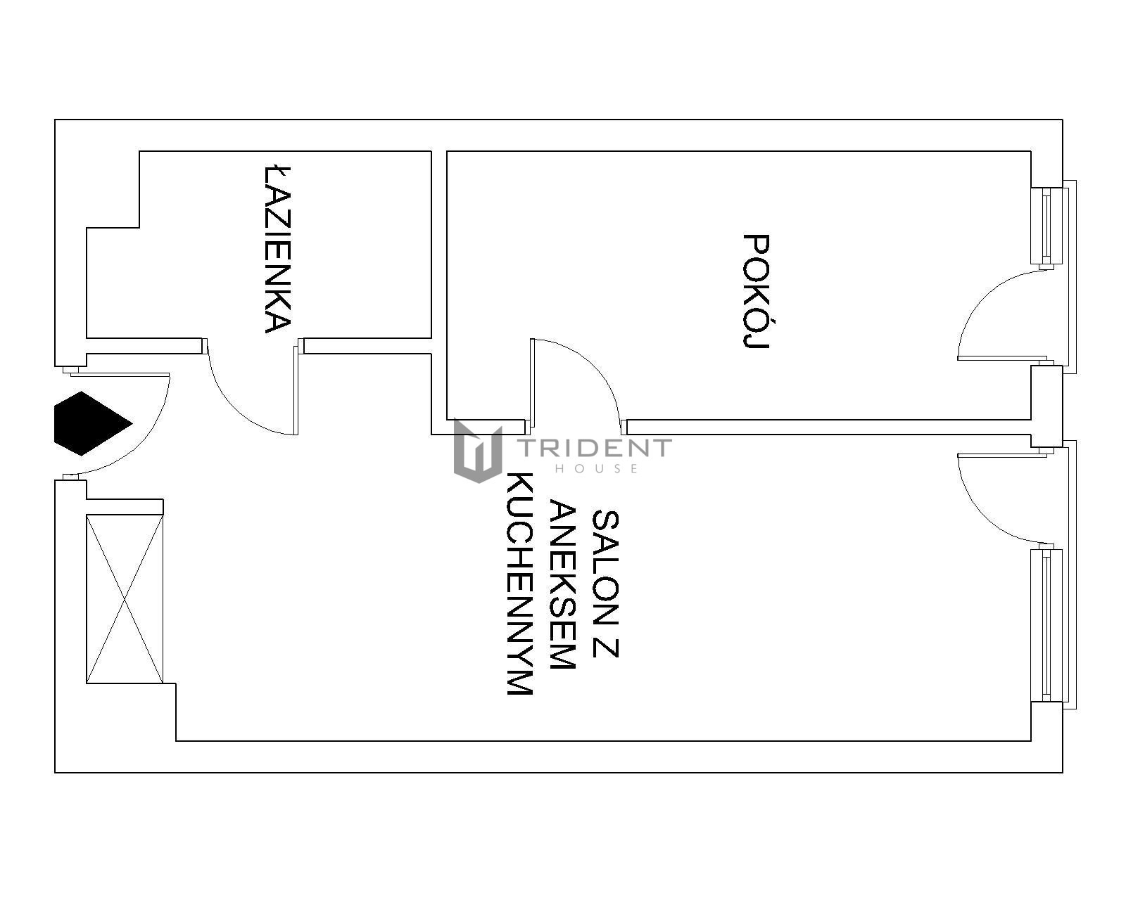 Czarno-biały plan mieszkania z salonem z aneksem kuchennym, łazienką i pokojem, z naniesionym logo firmy Trident House.