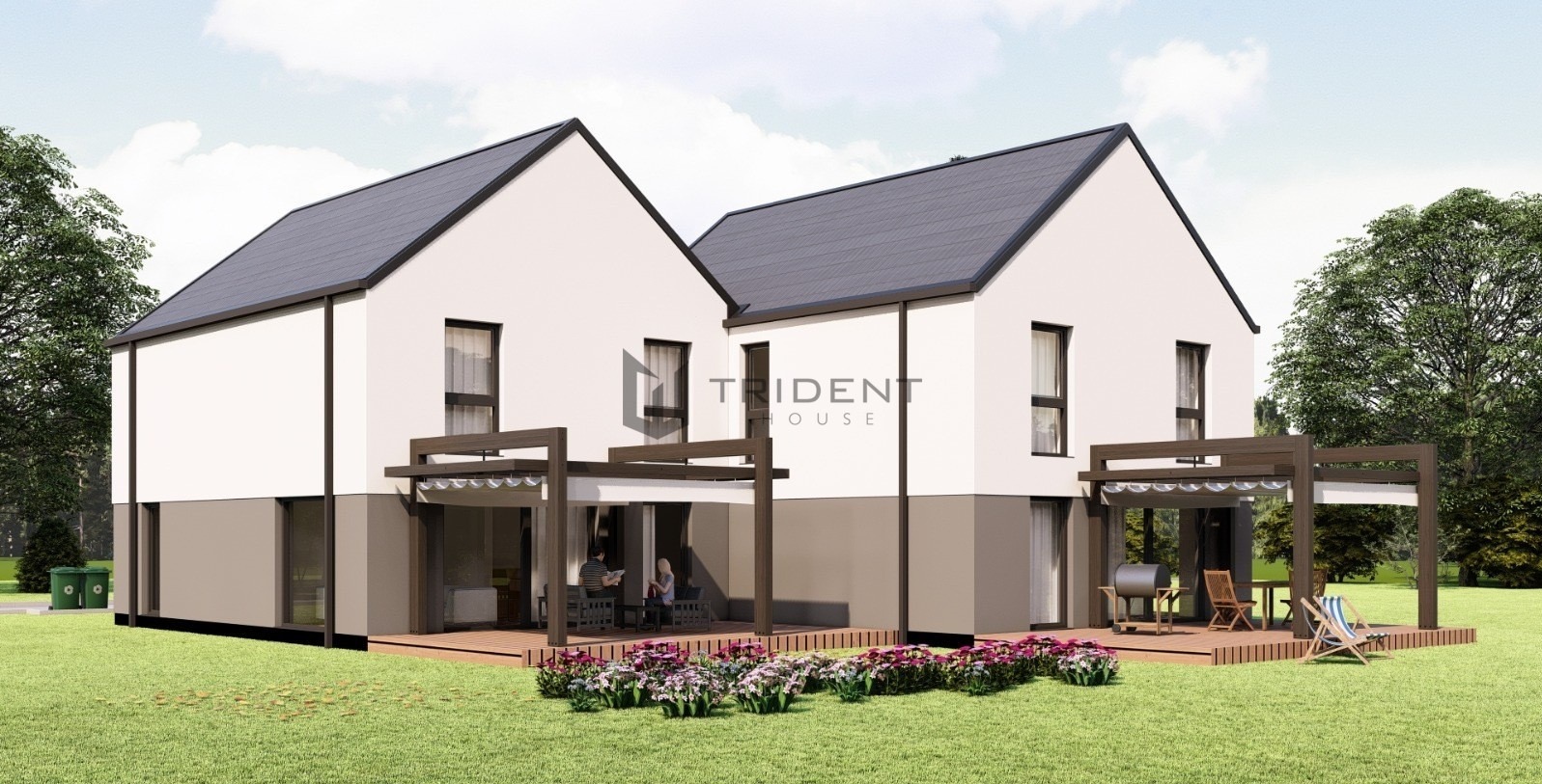 Wizualizacja bliźniaczego domu jednorodzinnego z szarym dachem, białymi ścianami i drewnianymi tarasami, z widocznym logo 'Trident House' na elewacji, kwiatami na pierwszym planie i dwoma osobami...