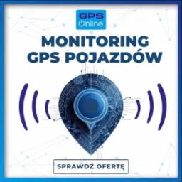 Grafika reklamowa GPS Online: Monitoring GPS Pojazdów, stylizowana mapa lokalizacji z elementami obwodów elektronicznych i symbolami fal radiowych.