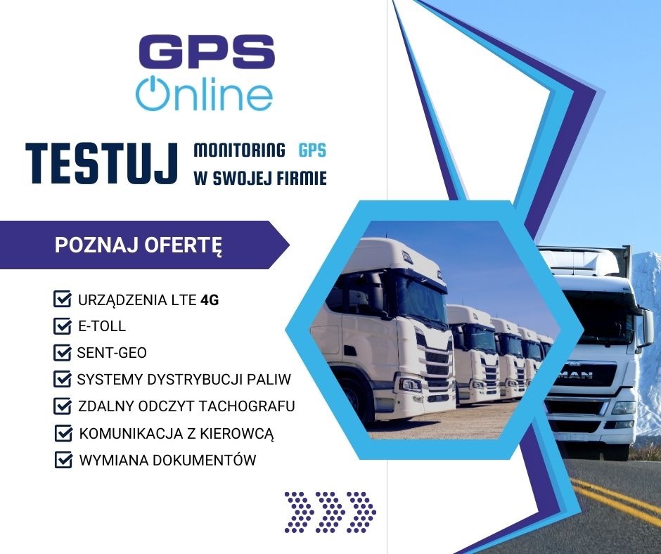 Grafika reklamowa z rzędem białych ciężarówek na drodze w tle, prezentująca ofertę systemów do zarządzania flotą pojazdów, w tym lokalizację GPS, e-toll, zdalny odczyt tachografu i komunikację...