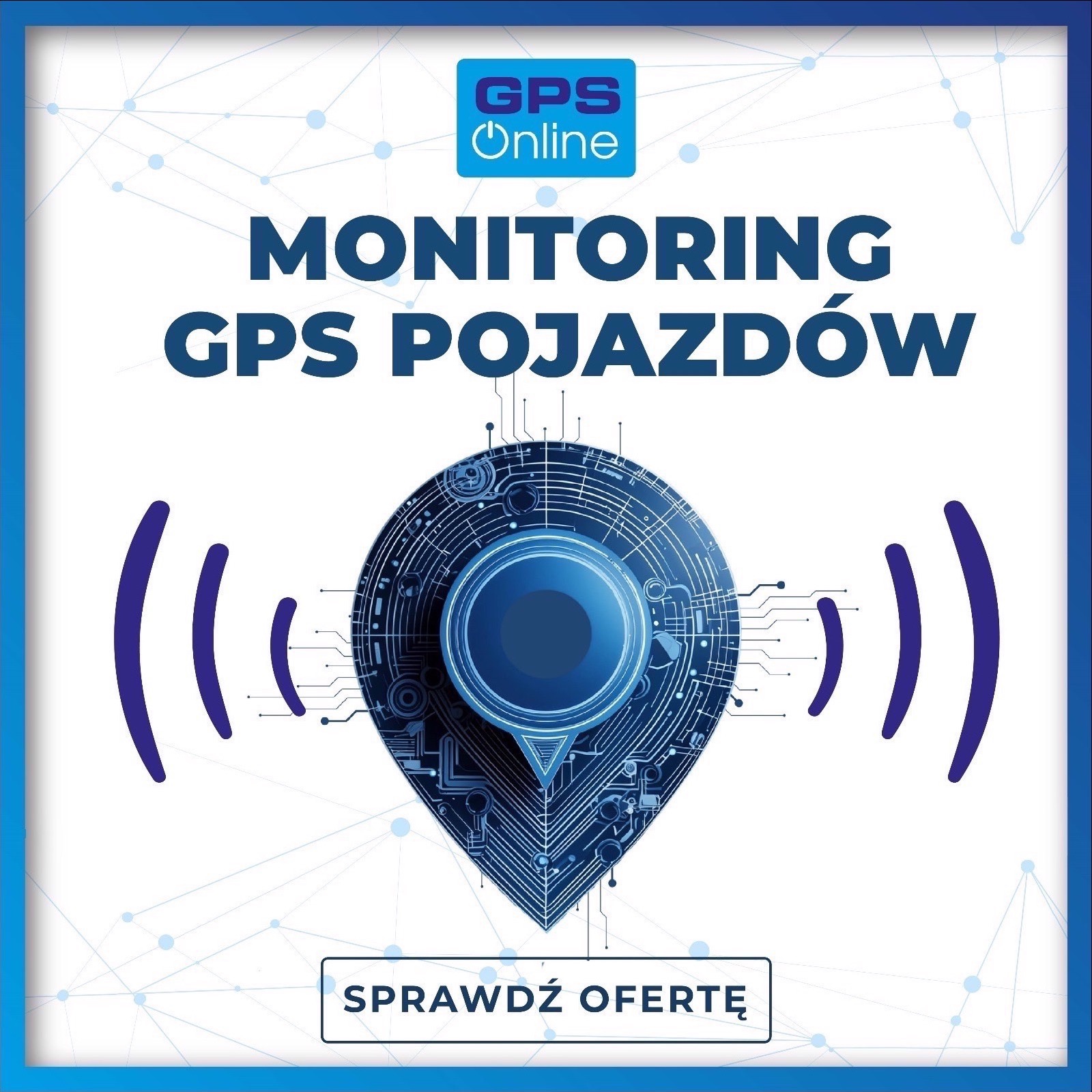 Grafika reklamowa GPS Online: Monitoring GPS Pojazdów, stylizowana mapa lokalizacji z elementami obwodów elektronicznych i symbolami fal radiowych.