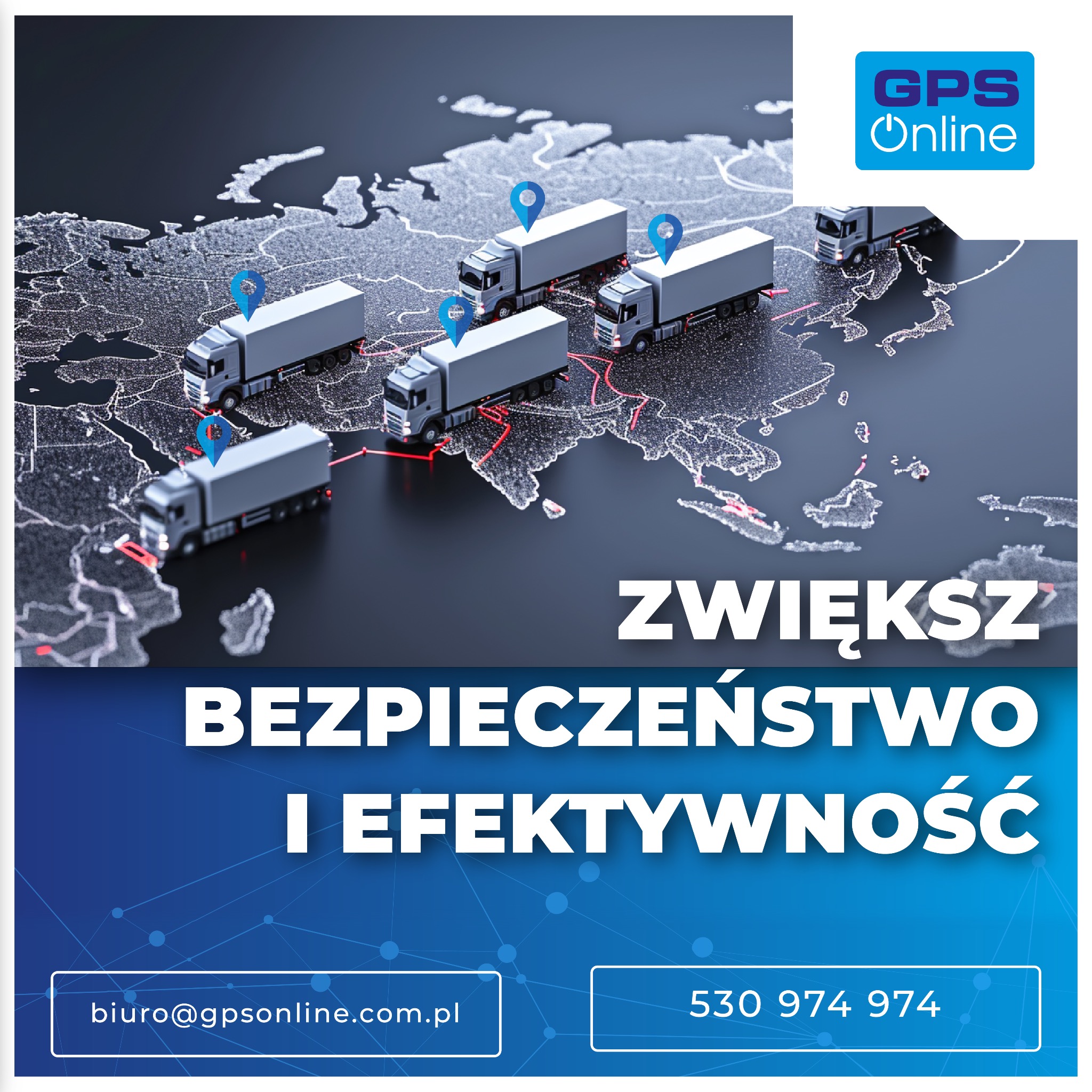 Stylizowana mapa świata z naniesionymi trasami i modelami ciężarówek oznaczonych pinezkami lokalizacji, symbolizująca śledzenie transportu.