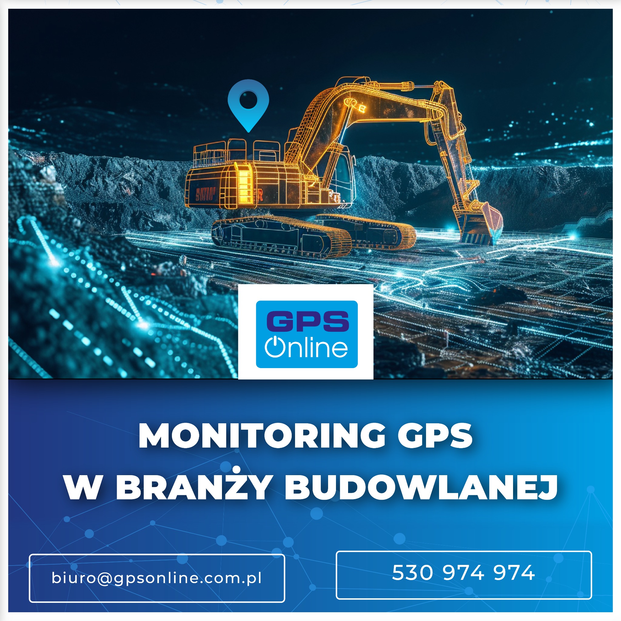 Stylizowana grafika koparki na tle kopalni z naniesionymi danymi geolokalizacyjnymi. Logo GPS Online w centralnej części zdjęcia.