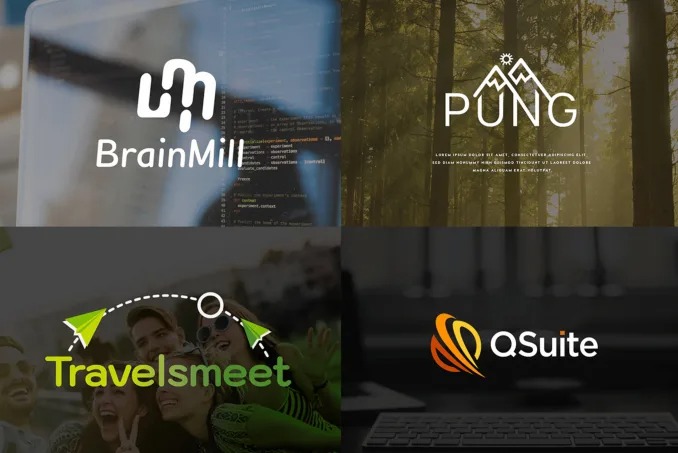Kompozycja czterech różnych logotypów: BrainMill z kodem na ekranie laptopa, PUNG z motywem górskiego krajobrazu, Travelmeet z sylwetkami uśmiechniętych osób i QSuite z abstrakcyjnym symbolem...