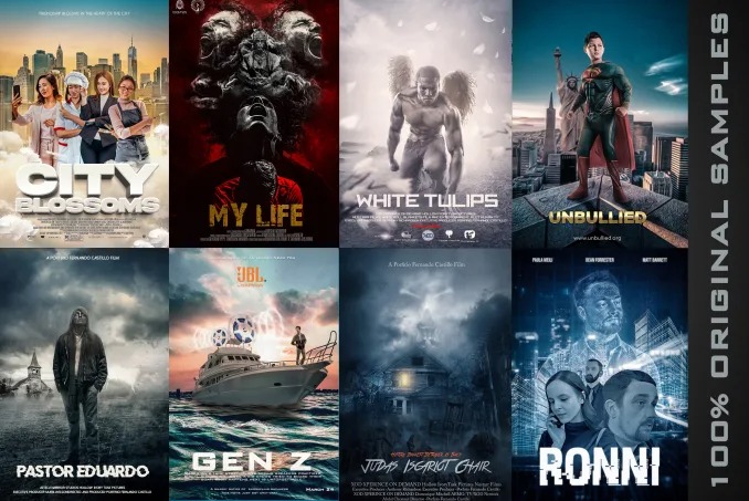 Zestaw plakatów filmowych o różnej tematyce: komedia, horror, dramat, science fiction, każdy z unikalną grafiką i typografią.