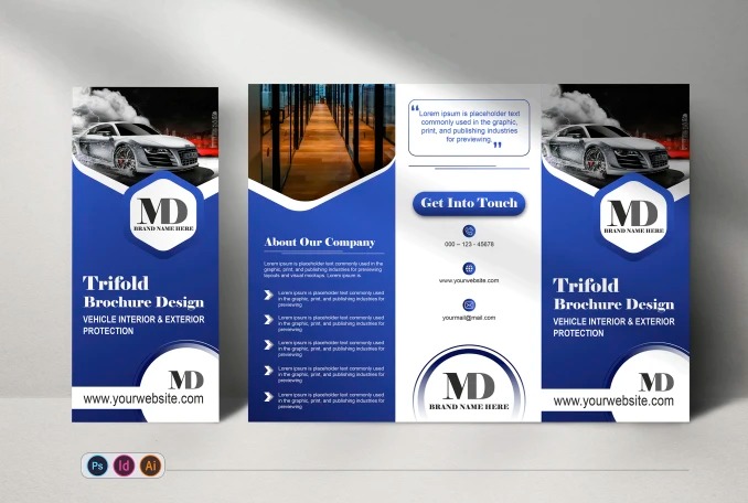 Rozłożona, trójdzielna broszura reklamowa w odcieniach błękitu, prezentująca projekt graficzny z motywem luksusowego samochodu i wnętrza budynku, zawierająca logo 'MD' oraz przykładowy tekst i dane...