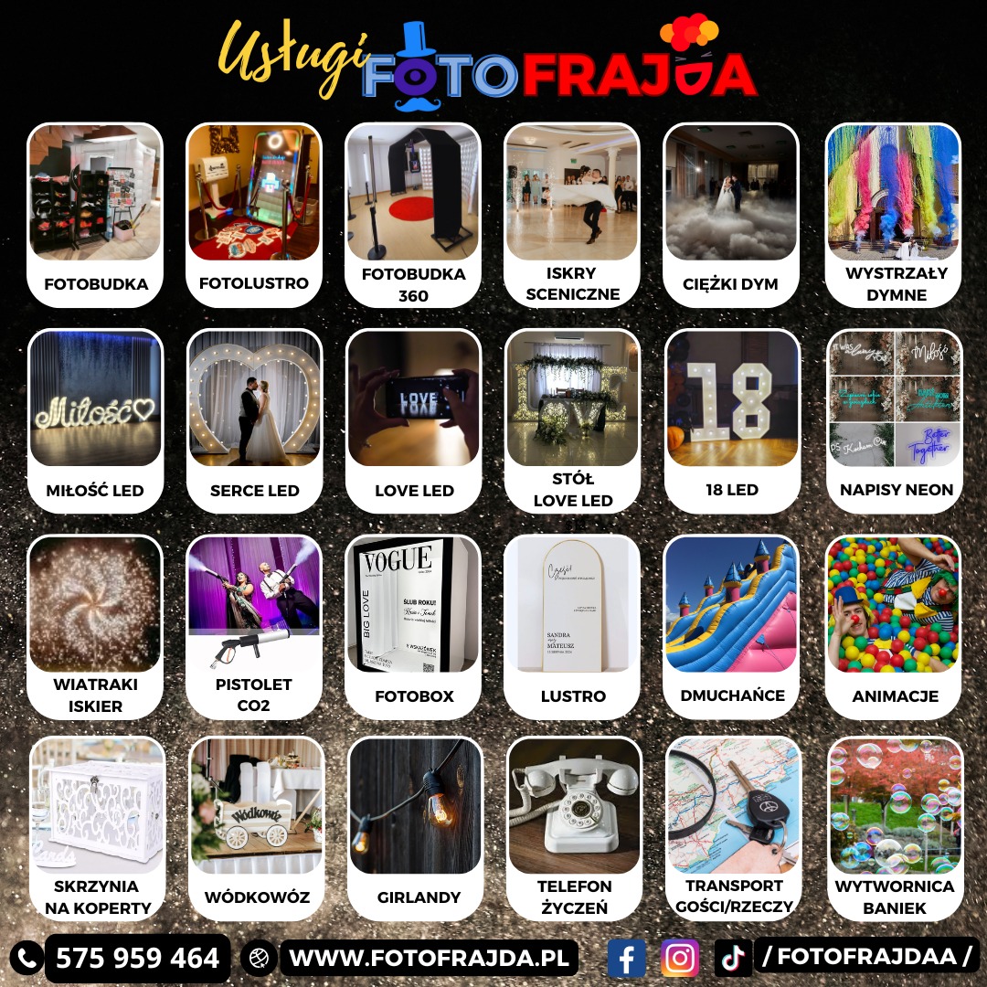 Mozaika zdjęć usług FotoFrajda: fotobudki, lustra interaktywne, iskry sceniczne, ciężki dym, dekoracje LED, pistolety CO2, dmuchańce, wytwornica baniek, girlandy świetlne i inne atrakcje eventowe.